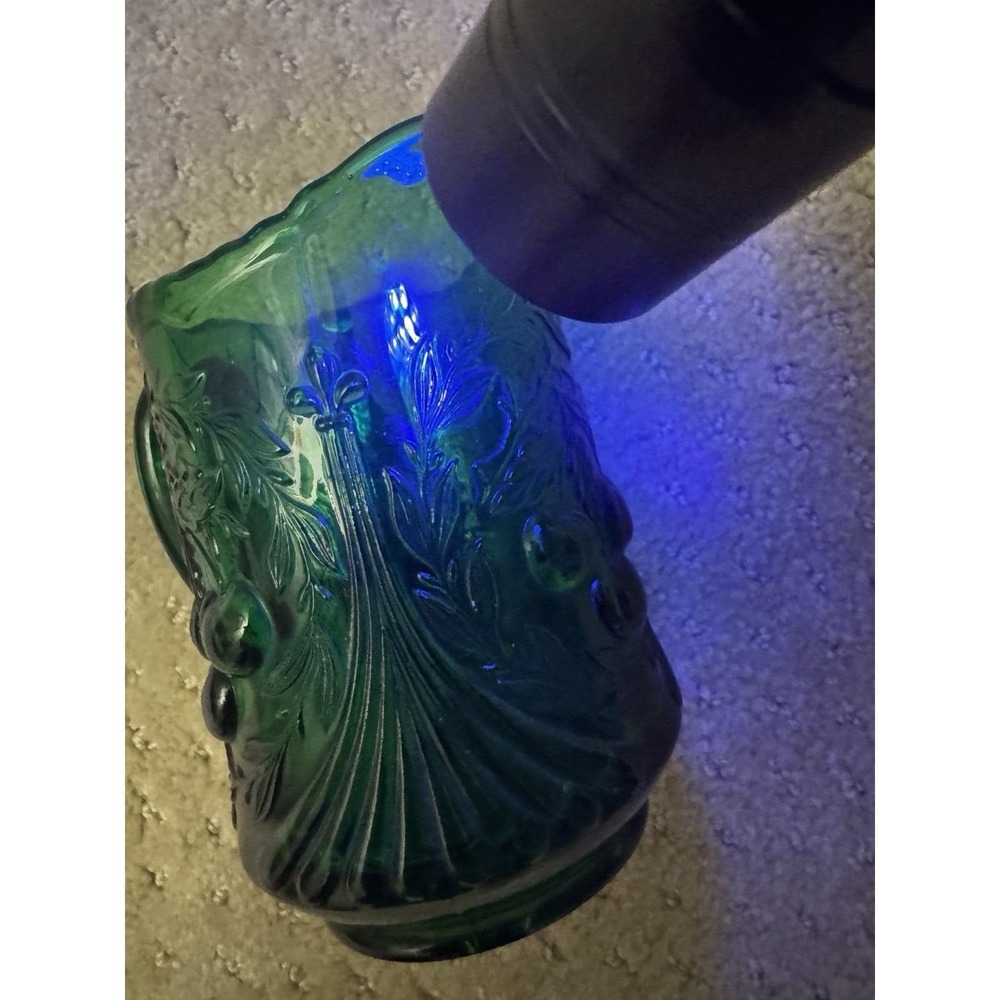 L.G. WRIGHT Opalescent Vaseline Uranium Glass Wreathed Cherry Creamer Pitcher - Picture 2 of 12